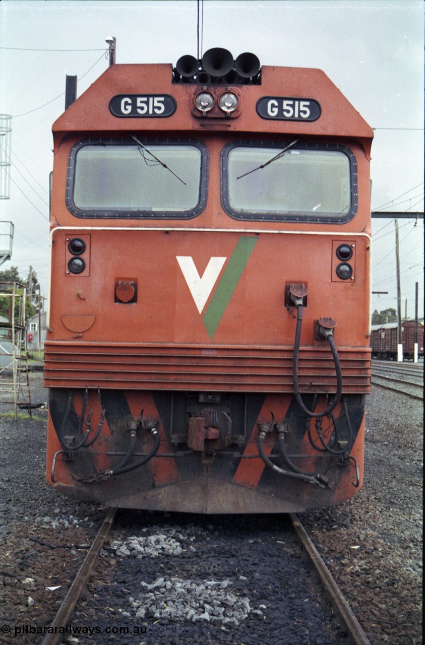 181-15
Traralgon loco depot, V/Line broad gauge loco G class G 515 Clyde Engineering EMD model JT26C-2SS serial 85-1243, cab front view.
Keywords: G-class;G515;Clyde-Engineering-Rosewater-SA;EMD;JT26C-2SS;85-1243;