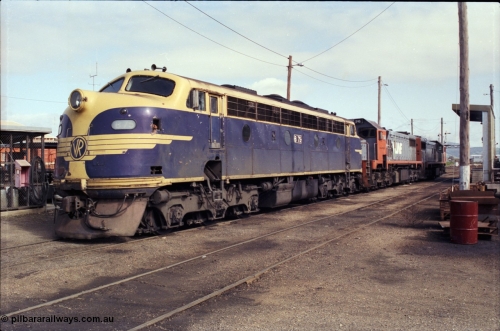 183-23
Wodonga loco depot fuel point, V/Line broad gauge B class B 75 Clyde Engineering EMD model ML2 serial ML2-16 which still wears the Victorian Railways livery and X class locos X 45 Clyde Engineering EMD model G26C serial 75-792 and X 46 serial 75-793 await their next turn of duty, the station is to the right.
Keywords: B-class;B75;Clyde-Engineering-Granville-NSW;EMD;ML2;ML2-16;bulldog;