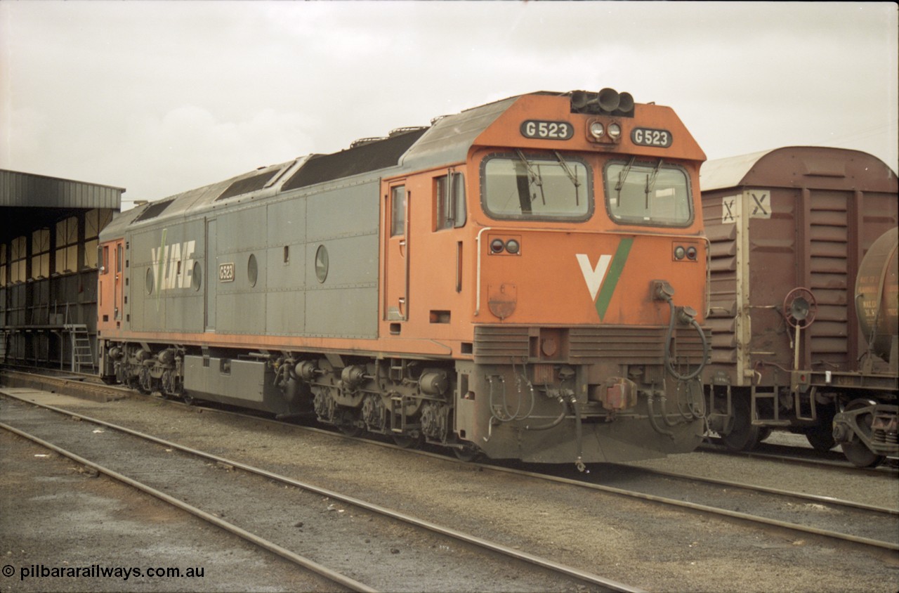 184-10
Albury loco depot, standard gauge V/Line G class loco G 523 Clyde Engineering EMD model JT26C-2SS serial 86-1236 rests after bring a special passenger train up from Melbourne.
Keywords: G-class;G523;Clyde-Engineering-Rosewater-SA;EMD;JT26C-2SS;86-1236;