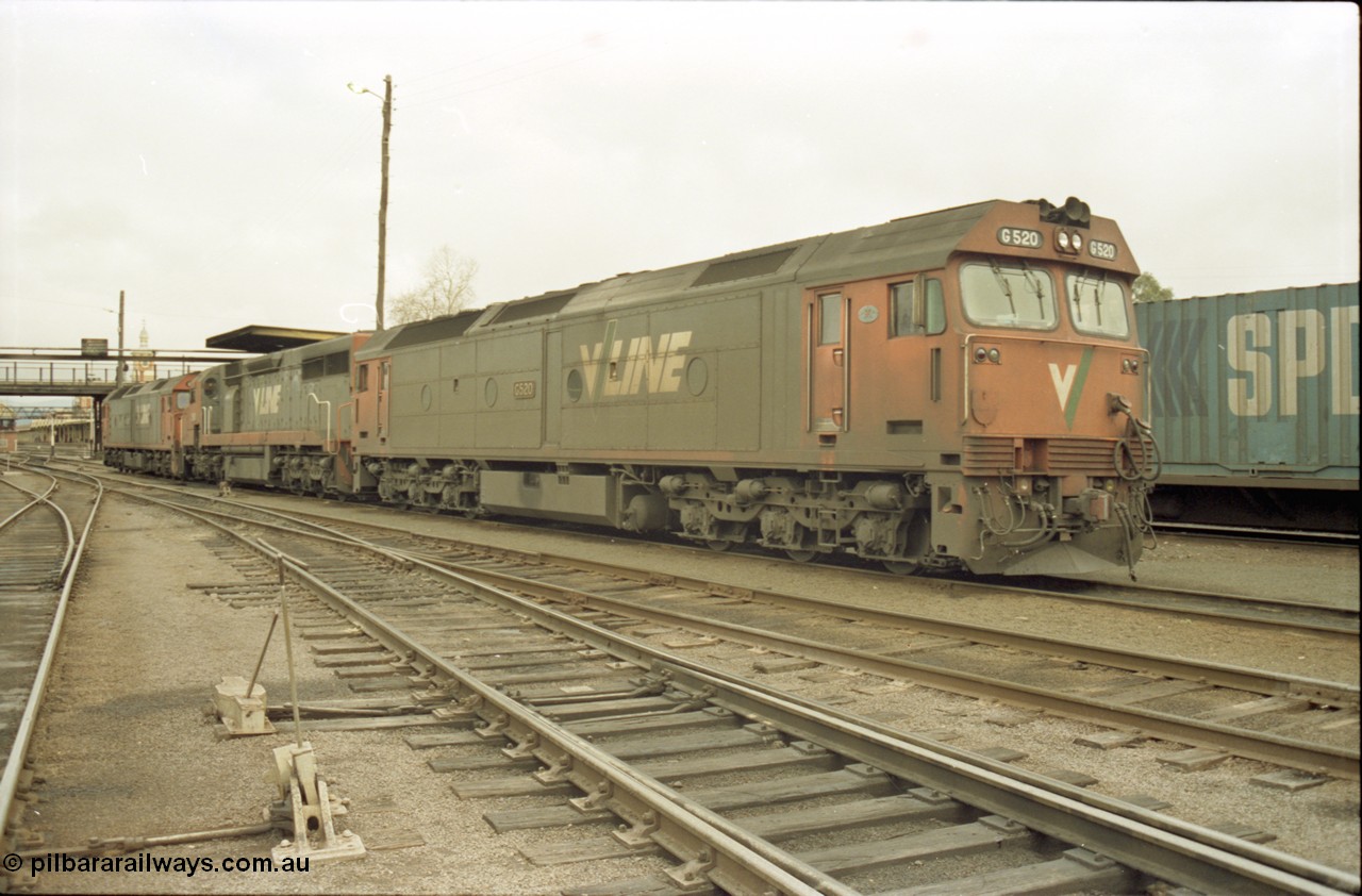 184-12
Albury loco depot, standard gauge V/Line locos G class G 520 Clyde Engineering EMD model JT26C-2SS serial 85-1233, C class C 503 Clyde Engineering EMD model GT26C serial 76-826 and G class G 527 serial 88-1257 await the call to duty, point levers.
Keywords: G-class;G520;Clyde-Engineering-Rosewater-SA;EMD;JT26C-2SS;85-1233;C-class;C503;GT26C;76-826;G527;88-1257;