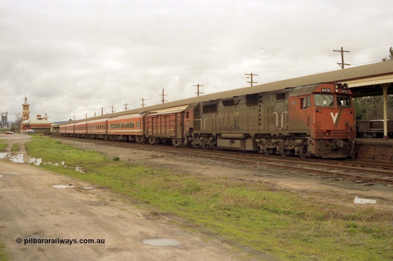 184-18
Albury station broad gauge platform overview, up V/Line passenger train with N class N 474 'City of Traralgon' Clyde Engineering EMD model JT22HC-2 serial 87-1203 D van and N set, station building in background.
Keywords: N-class;N474;Clyde-Engineering-Somerton-Victoria;EMD;JT22HC-2;87-1203;