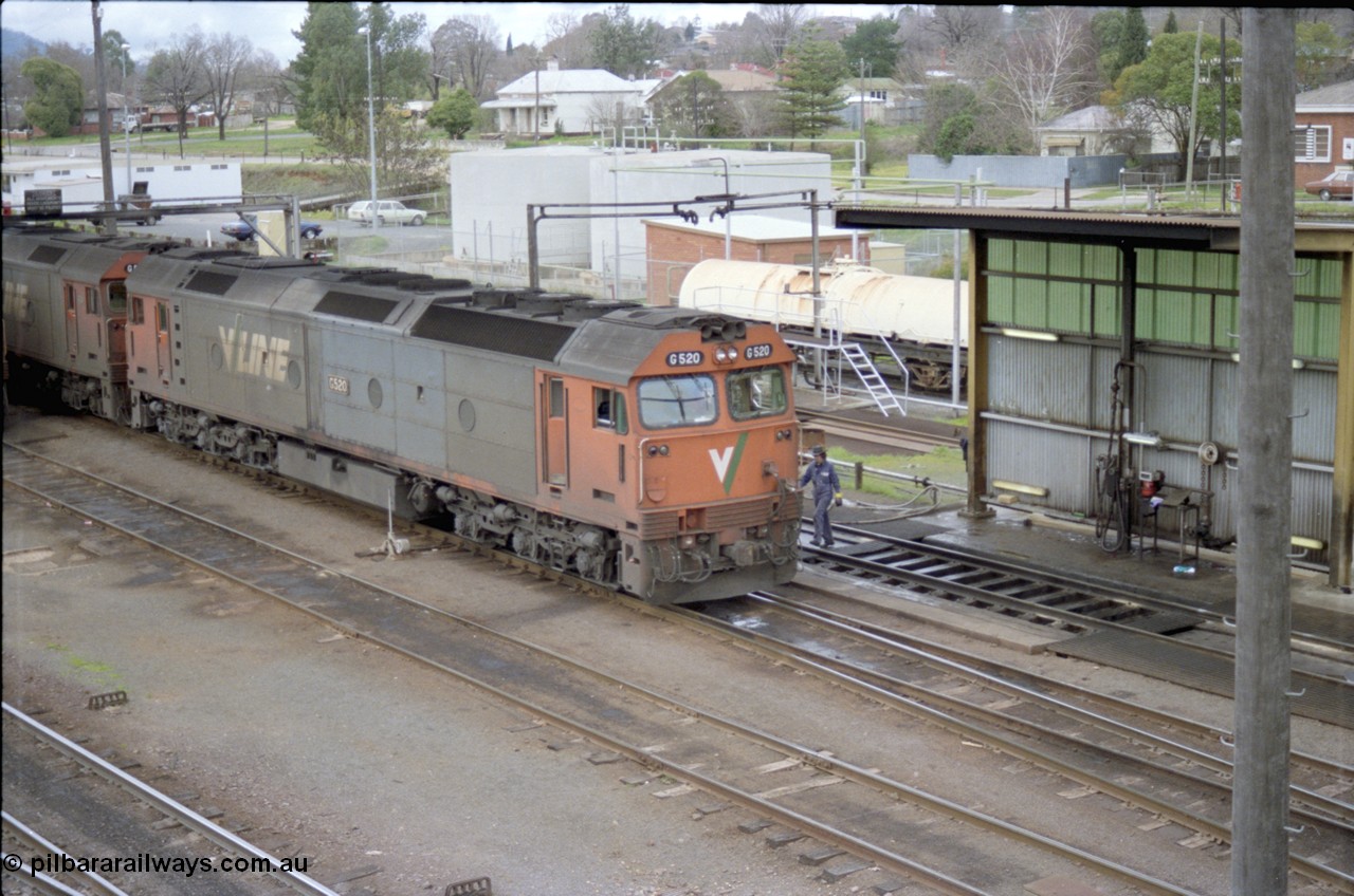 184-23
Albury loco depot, V/Line standard gauge G class G 520 Clyde Engineering EMD model JT26C-2SS serial 85-1233 receives attention at the fuel point, elevated view.
Keywords: G-class;G520;Clyde-Engineering-Rosewater-SA;EMD;JT26C-2SS;85-1233;