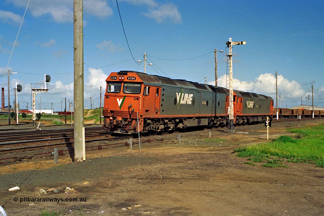 185-14
North Geelong Yard, V/Line light engines, G classes G 534 Clyde Engineering EMD model JT26C-2SS serial 88-1264 leads older sister and class leader G 511 serial 84-1239 as they run from North Geelong B Box past semaphore signal post 17 before shunting back into the sorting roads, the Loop Line to Melbourne and the Grain Loop roads can be seen to the left of the loco.
Keywords: G-class;G534;Clyde-Engineering-Somerton-Victoria;EMD;JT26C-2SS;88-1264;