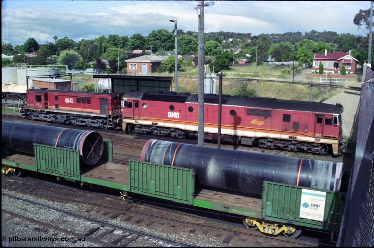 189-22
Albury, NSWSRA standard gauge loco depot fuel point see aging ALCo 48 class member 4843 AE Goodwin ALCo model DL531 serial 84133 and 81 class 8148 Clyde Engineering EMD model JT26C-2SS serial 84-1067 both in candy livery.
Keywords: 81-class;8148;Clyde-Engineering-Kelso-NSW;EMD;JT26C-2SS;84-1067;