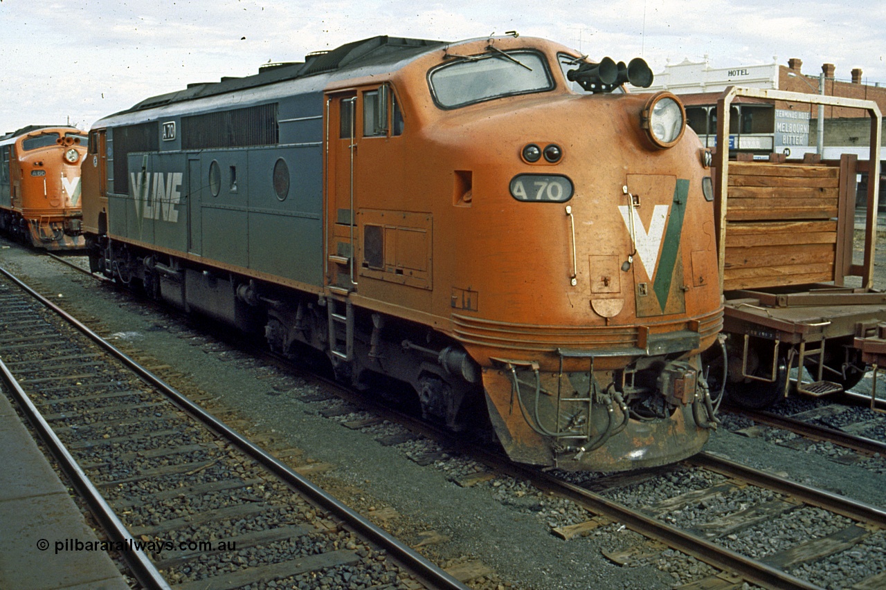 191-03
Seymour station, rationalised yard, V/Line A class A 70 Clyde Engineering EMD rebuild model AAT22C-2R serial 84-1187, ex ML2 unit B 70 ML2-11 awaits the evening Cobram down pass.
Keywords: A-class;A70;Clyde-Engineering-Rosewater-SA;EMD;AAT22C-2R;84-1187;rebuild;bulldog;