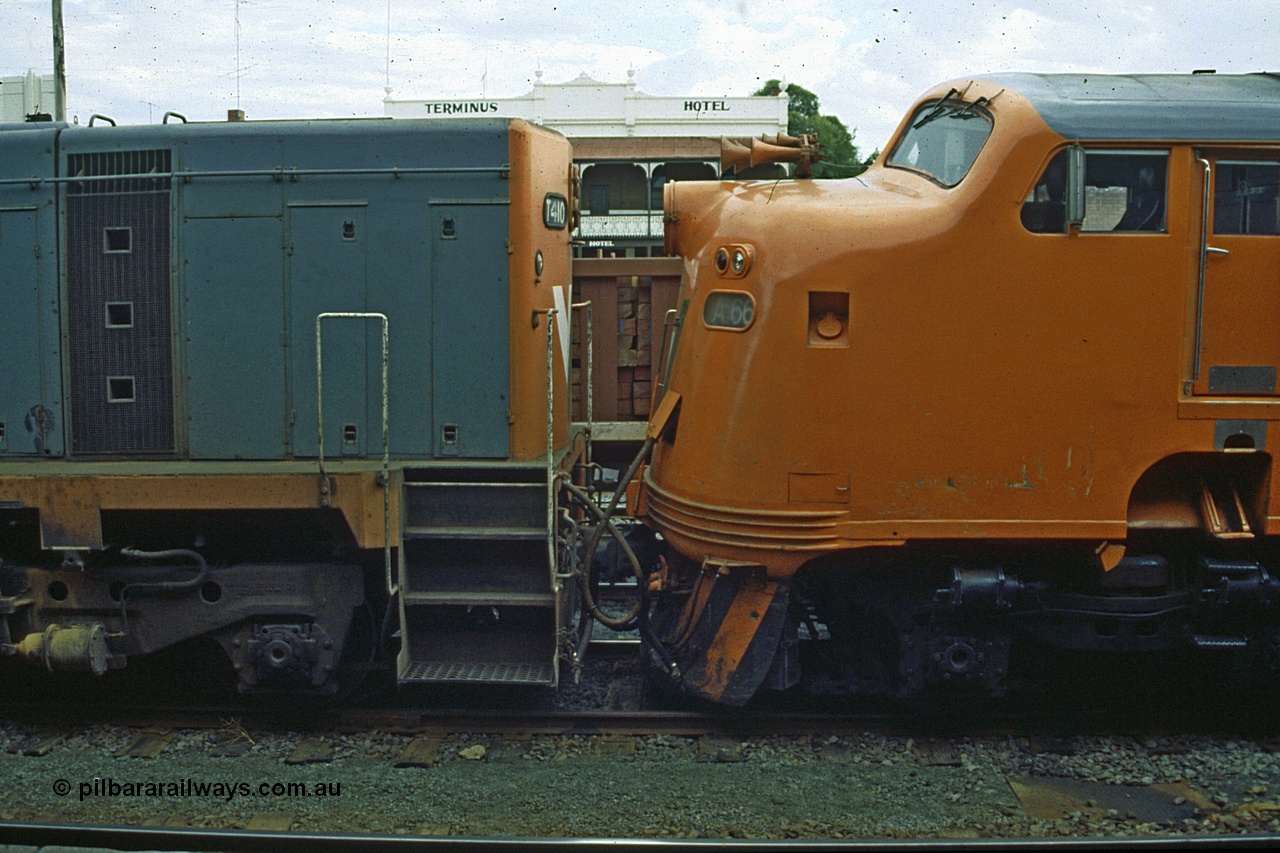 191-05
Seymour station, rationalised yard, V/Line A class unit A 66 Clyde Engineering EMD rebuild model AAT22C-2R serial 84-1186 coupled to stablemate model G8B T class T 410 serial 68-626 with a stabled down Wodonga goods train, Sunday.
Keywords: A-class;A66;Clyde-Engineering-Rosewater-SA;EMD;AAT22C-2R;84-1186;rebuild;bulldog;