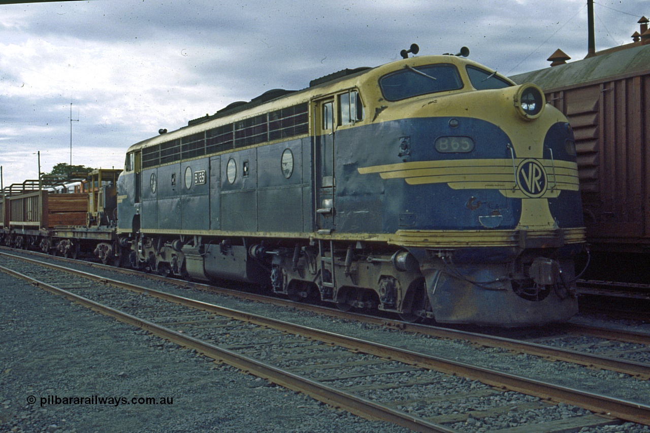 191-12
Seymour station, rationalised yard, V/Line broad gauge B class B 65 Clyde Engineering EMD model ML2 serial no. ML2-6 still in Victorian Railways livery on the head of a sleeper discharge train stabled in the yard.
Keywords: B-class;B65;Clyde-Engineering-Granville-NSW;EMD;ML2;ML2-6;bulldog;