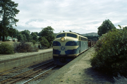 191-18
Kilmore East station platform, looking north, UP special sleeper discharge train behind Victorian Railways liveried B class B 65 Clyde Engineering EMD ML2 model serial ML2-6 glides along platform two.
Keywords: B-class;B65;Clyde-Engineering-Granville-NSW;EMD;ML2;ML2-6;bulldog