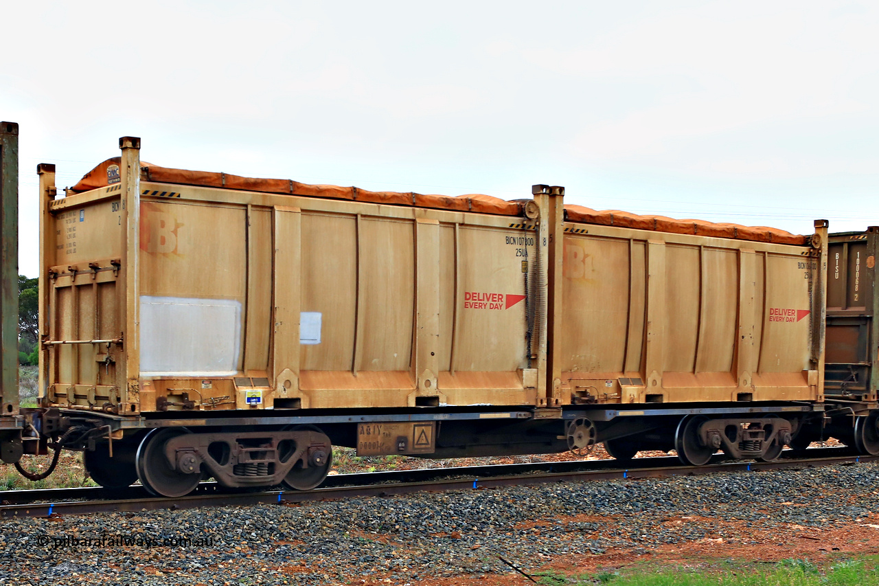 240401 4984
Kalgoorlie, Aurizon's 1029 Malcolm Freighter, waggon AQIY type leader AQIY 00001 loaded with two 20' 25UA type roll tops, Bis Deliver Every Day BICN 107800 [8] and BICN 106100 [5]. The AQIY were originally built as the CQYY but CFCLA did not buy them, Bradken then stored them as KQYY. When Aurizon bought them they had the handbrake relocated to the middle of the waggon from the end. 1st of April 2024.
Keywords: AQIY-type;AQIY00001;Bradken;CQYY-type;KQYY-type;