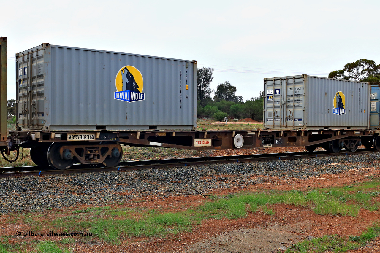 240401 4986
Kalgoorlie, Aurizon's 1029 Malcolm Freighter, waggon AQWY 30236 loaded with two Royal Wolf 20' 22G1 type containers RWLU 835502 [4] and RWLU 832620 [0]. AQWY 30236 was built by WAGR Midland Workshops as a WFX type in 1974 in a batch of 44. Recoded to WQCX in 1980. 1st of April 2024.
Keywords: AQWY-type;AQWY30236;WAGR-Midland-WS;WFX-type;WQCX-type;