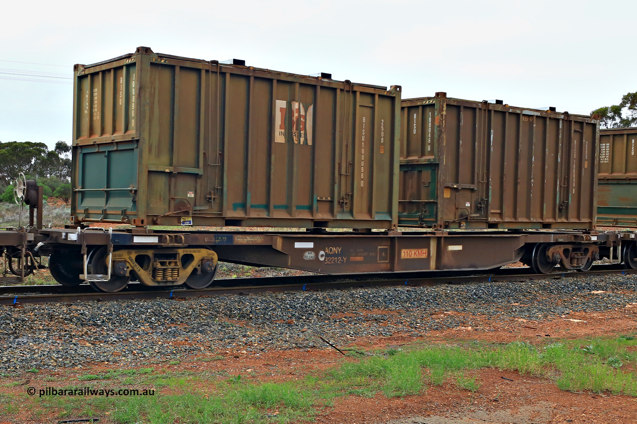240401 4997
Kalgoorlie, Aurizon's 1029 Malcolm Freighter, waggon AQNY 32212, final member of the sixty two waggons built by Goninan WA in 1998 as WQN type for Murrin Murrin container traffic loaded with two 20' 25U0 type hard top sulphur containers, Bis Industries BISU 100096 [0] and BISU 100046 [6]. 1st of April 2024.
Keywords: AQNY-type;AQNY32212;Goninan-WA;WQN-type;