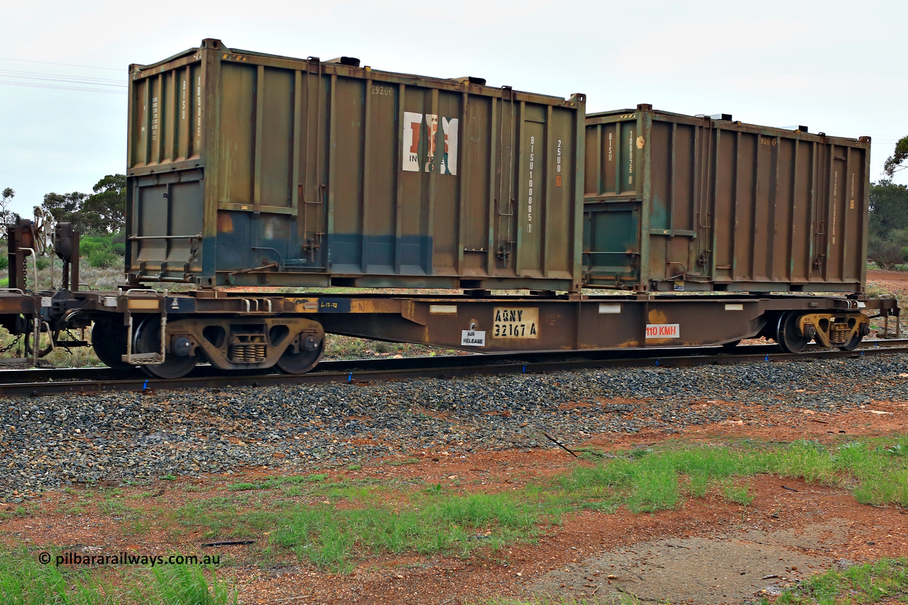 240401 4999
Kalgoorlie, Aurizon's 1029 Malcolm Freighter, waggon AQNY 32167, one of sixty two waggons built by Goninan WA in 1998 as the WQN type for Murrin Murrin container traffic loaded with two 20' 25U0 type hard top sulphur containers, Bis Industries BISU 100085 [1] and BISU 100026 [0]. 1st of April 2024.
Keywords: AQNY-type;AQNY32167;Goninan-WA;WQN-type;