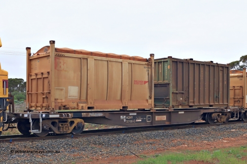 240401 4968
Kalgoorlie, Aurizon's 1029 Malcolm Freighter, waggon AQNY 32160, one of sixty two waggons built by Goninan WA in 1998 as the WQN type for Murrin Murrin container traffic, fitted with manual twist locks and loaded with a 20' Bis Deliver Every Day 25UA type container BICN 104900[0] and a 20' 25U0 type container BISU 100009[1]. April 1, 2024.
Keywords: AQNY-type;AQNY32160;Goninan-WA;WQN-type;