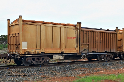 240401 4969
Kalgoorlie, Aurizon's 1029 Malcolm Freighter, waggon AQIY 00027 loaded with two 20' roll top containers, a 25UA type Bis Deliver Every Day BICN 107400[2] and a 55UA Bis Industries SBIU 200605[6]. The AQIY were originally built as the CQYY but CFCLA did not buy them, Bradken then stored them as KQYY. When Aurizon bought them they had the handbrake relocated to the middle of the waggon from the end. April 1, 2024.
Keywords: AQIY-type;AQIY00027;Bradken;CQYY-type;KQYY-type;