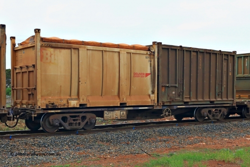 240401 4970
Kalgoorlie, Aurizon's 1029 Malcolm Freighter, waggon AQIY 00020 loaded with two 20' sulphur containers, a Bis Deliver Every Day 25UA type BICN 105100[7] and a 25U0 type BISU 100076[4]. The AQIY were originally built as the CQYY but CFCLA did not buy them, Bradken then stored them as KQYY. When Aurizon bought them they had the handbrake relocated to the middle of the waggon from the end. 1st of April 2024.
Keywords: AQIY-type;AQIY00020;Bradken;CQYY-type;KQYY-type;