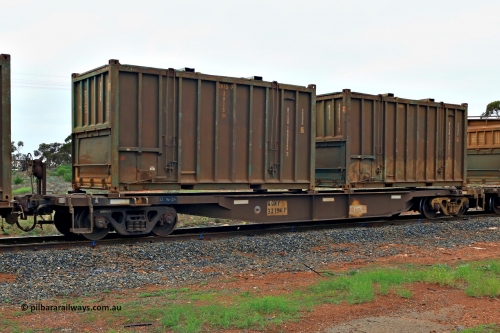 240401 4971
Kalgoorlie, Aurizon's 1029 Malcolm Freighter, waggon AQNY 32196, one of sixty two waggons built by Goninan WA in 1998 as the WQN type for Murrin Murrin container traffic loaded with two 20' hard top 25U0 type sulphur containers BISU 100033[7] and BISU 100074[7]. April 1, 2024.
Keywords: AQNY-type;AQNY32196;Goninan-WA;WQN-type;