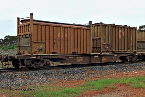 240401 4972
Kalgoorlie, Aurizon's 1029 Malcolm Freighter, waggon AQNY 32206, one of sixty two waggons built by Goninan WA in 1998 as the WQN type for Murrin Murrin container traffic loaded with two 20' sulphur containers, a 55UA roll top Bis Industries SBIU 200628[8] and a 25U0 hard top Bis Industries BISU 100113[8]. April 1, 2024.
Keywords: AQNY-type;AQNY32206;Goninan-WA;WQN-type;