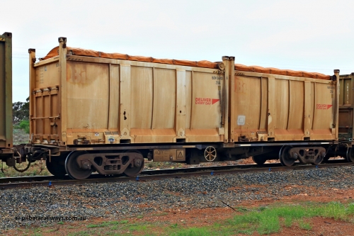 240401 4976
Kalgoorlie, Aurizon's 1029 Malcolm Freighter, waggon AQIY 00014 loaded with two 20' 25UA type roll top sulphur containers Bis Deliver Every Day BICN 106900[6] and BICN 104700[7]. The AQIY were originally built as the CQYY but CFCLA did not buy them, Bradken then stored them as KQYY. When Aurizon bought them they had the handbrake relocated to the middle of the waggon from the end. 1st of April 2024.
Keywords: AQIY-type;AQIY00014;Bradken;CQYY-type;KQYY-type;