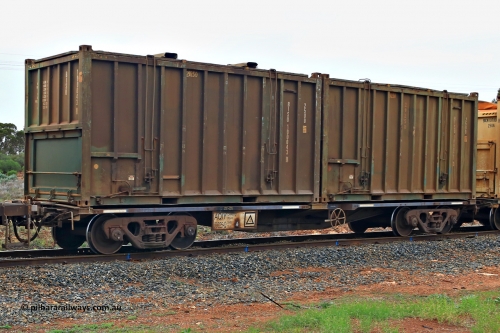240401 4983
Kalgoorlie, Aurizon's 1029 Malcolm Freighter, waggon AQIY 00025 loaded with two 20' 25U0 type hard tops, BISU 100043[0] and BISU 100021[3]. The AQIY were originally built as the CQYY but CFCLA did not buy them, Bradken then stored them as KQYY. When Aurizon bought them they had the handbrake relocated to the middle of the waggon from the end. 1st of April 2024.
Keywords: AQIY-type;AQIY00025;Bradken;CQYY-type;KQYY-type;