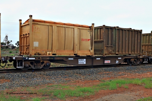 240401 4990
Kalgoorlie, Aurizon's 1029 Malcolm Freighter, waggon AQNY 32177, one of sixty two waggons built by Goninan WA in 1998 as the WQN type for Murrin Murrin container traffic loaded with two 20' sulphur containers, a Bis Deliver Every Day 25UA roll top BICN 105800[1] and a 25U0 type hard top BISU 100031[6]. 1st of April 2024.
Keywords: AQNY-type;AQNY32177;Goninan-WA;WQN-type;