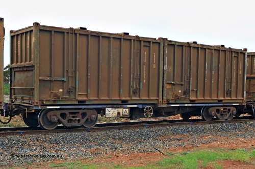 240401 4992
Kalgoorlie, Aurizon's 1029 Malcolm Freighter, waggon AQIY 00021 loaded with two 20' 25U0 type hard top sulphur containers BISU 100005[0] and BISU 100063[5]. The AQIY were originally built as the CQYY but CFCLA did not buy them, Bradken then stored them as KQYY. When Aurizon bought them they had the handbrake relocated to the middle of the waggon from the end. 1st of April 2024.
Keywords: AQIY-type;AQIY00021;Bradken;CQYY-type;KQYY-type;