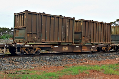240401 4998
Kalgoorlie, Aurizon's 1029 Malcolm Freighter, waggon AQNY 32180, one of sixty two waggons built by Goninan WA in 1998 as the WQN type for Murrin Murrin container traffic loaded with two 20' 25U0 type hard top sulphur containers, BISU 100015[2] and BISU 100004[4]. April 1, 2024.
Keywords: AQNY-type;AQNY32180;Goninan-WA;WQN-type;