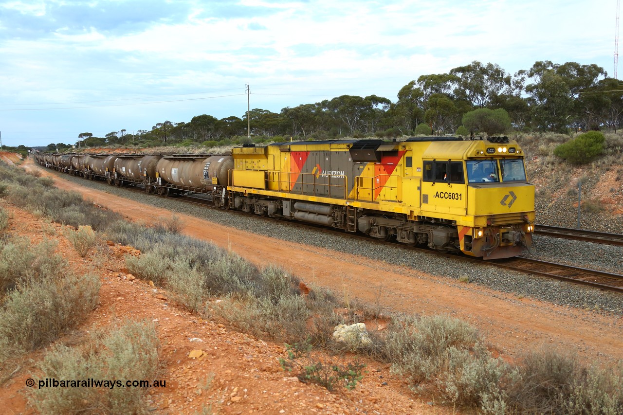 161116 5099
West Kalgoorlie, loaded Shell fuel train 3442 arrives behind UGL Rail built GE model C44ACi unit ACC 6031 serial R-0093-01 / 13-485 following its overnight run from Esperance with 26 waggons for 505 metres and 2165 tonnes.
Keywords: ACC-class;ACC6031;R-0093-01/13-485;UGL-Rail;GE;C44ACi;