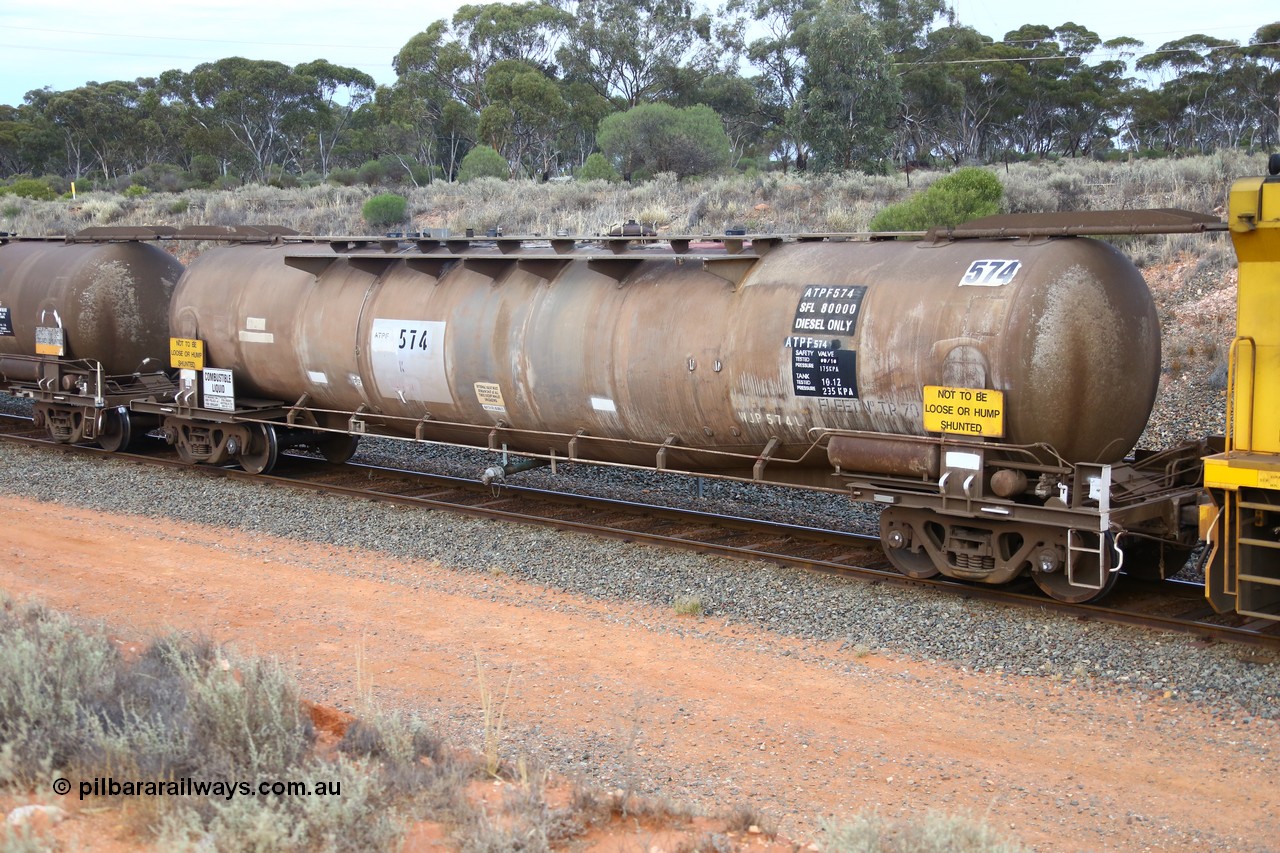 161116 5100
West Kalgoorlie, Shell fuel train 3442, ATPF 574 fuel tanker, one of nine built by WAGR Midland Workshops in 1974 for Shell as type WJP, 80.66 kL one compartment one dome, original code and fleet no. TR709 visible, with a capacity now of 80000 litres.
Keywords: ATPF-type;ATPF574;WAGR-Midland-WS;WJP-type;