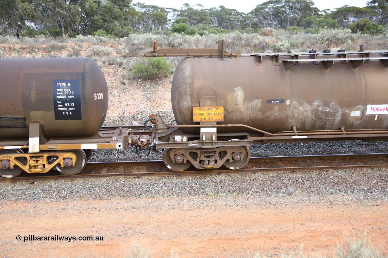 161116 5111
West Kalgoorlie, Shell fuel train 3442, tank waggon ATBY 14592, built by Westrail Midland Workshops 1981 for Bain Leasing as type JPB, 82 kL, on narrow gauge as JPBA, then SG WJPB, note vacuum brake pipe and type F InterLock coupler, 6130 has conventional style coupler.
Keywords: ATBY-type;ATBY14592;Westrail-Midland-WS;JPB-type;JPBA-type;WJPB-type;
