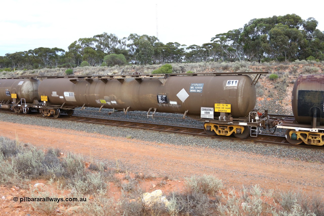161116 5114
West Kalgoorlie, Shell fuel train 3442, ATQF type tank waggon ATQF 611, built by Indeng Qld 1982 for Shell as type WJQ, 79.34 kL one compartment one dome, fitted with type F InterLock couplers. Indeng name still visible at far end.
Keywords: ATQF-type;ATQF611;Indeng-Qld;WJQ-type;