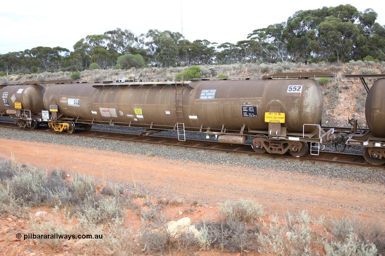 161116 5115
West Kalgoorlie, Shell fuel train 3442, ATMF 552 fuel tank waggon, one of three built by Tulloch Limited NSW as WJM type in 1971 with a capacity of 96.25 kL one compartment one dome, current capacity of 80500 litres. 551 and 552 for Shell and 553 for BP Oil, E type couplers fitted.
Keywords: ATMF-type;ATMF552;Tulloch-Ltd-NSW;WJM-type;