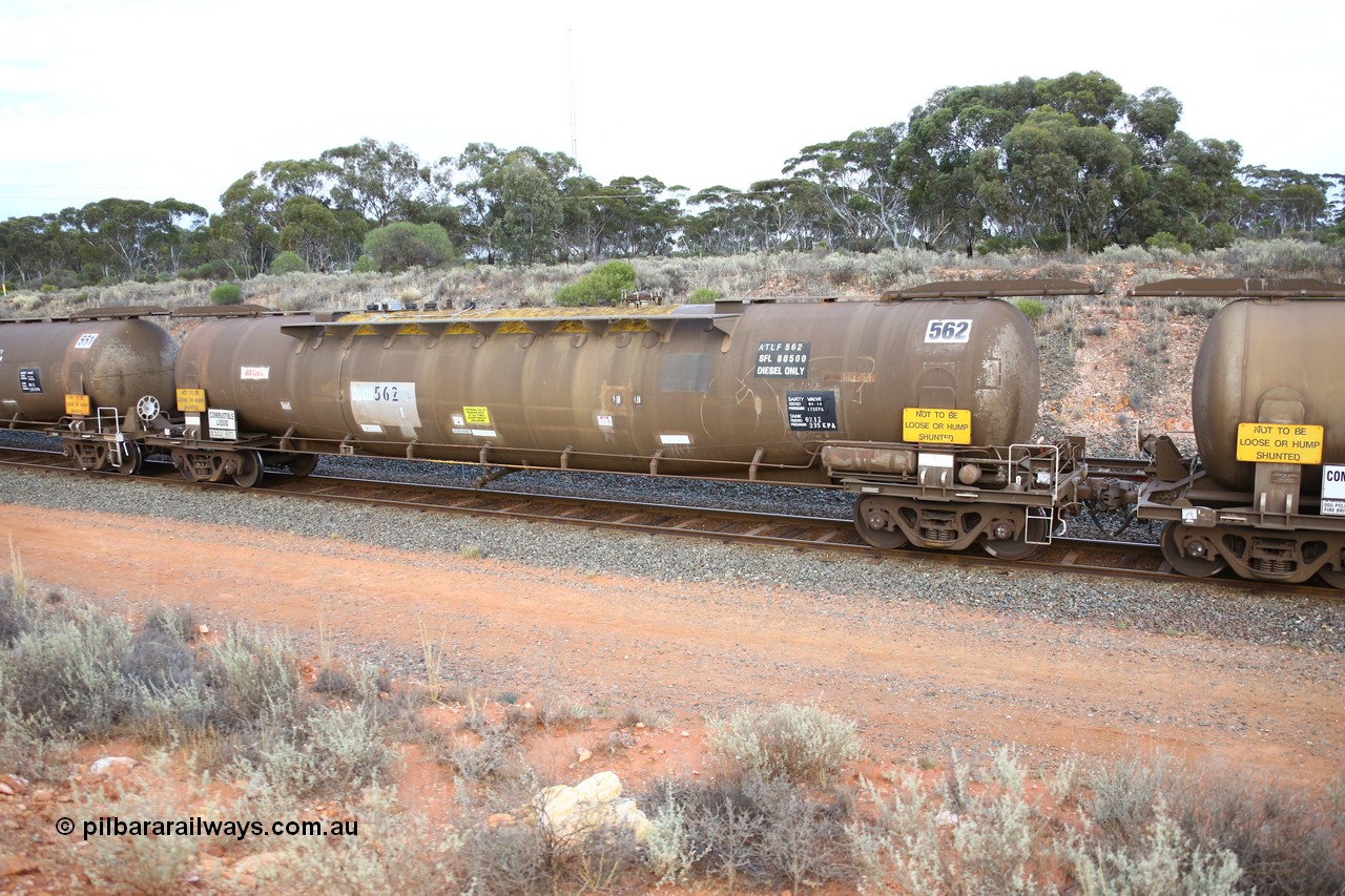 161116 5124
West Kalgoorlie, Shell fuel train 3442, ATLF 562 tank waggon, built by WAGR Midland Workshops 1973 for Shell as type WJL 86.49 kL one compartment one dome with a capacity of 80500 litres, fitted with type F InterLock couplers.
Keywords: ATLF-type;ATLF562;WAGR-Midland-WS;WJL-type;