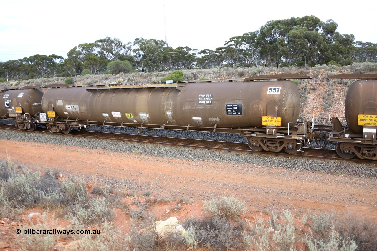 161116 5125
West Kalgoorlie, Shell fuel train 3442, ATMF 551 fuel tank waggon, one of three built by Tulloch Limited NSW as WJM type in 1971 with a capacity of 96,250 litres, one compartment one dome, current capacity of 80,500 litres. WJM's 551 and 552 built for Shell and 553 for BP Oil. Fitted with type F InterLock coupler handbrake end and E type at the non-handbrake end.
Keywords: ATMF-type;ATMF551;Tulloch-Ltd-NSW;WJM-type;