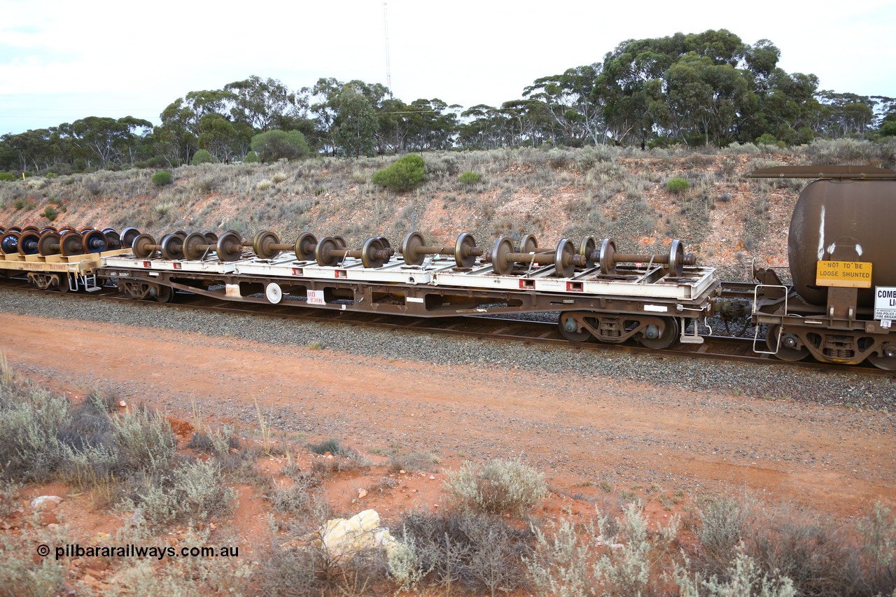 161116 5128
West Kalgoorlie, Shell fuel train 3442, container flat waggon AQWY 30329, built by Tomlinson Steel WA in a batch of 161 WFX type waggons between 1969 and 1970. Fitted with three 20' wheel set carrying frames.
Keywords: AQWY-type;AQWY30329;Tomlinson-Steel-WA;WFX-type;