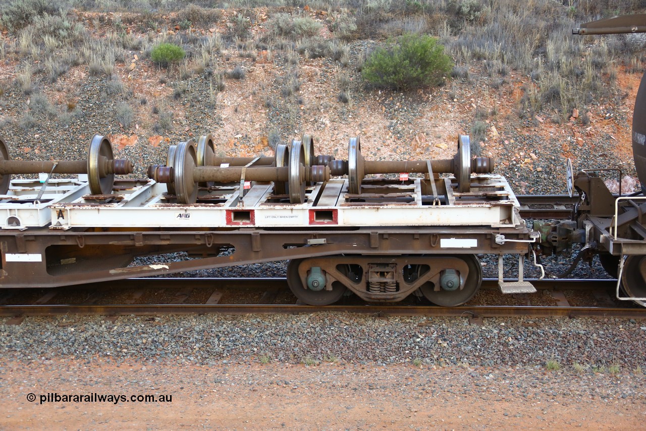 161116 5129
West Kalgoorlie, Shell fuel train 3442, container flat waggon AQWY 30329, built by Tomlinson Steel WA in a batch of 161 WFX type waggons between 1969 and 1970. Fitted with 20' wheel set carrying frames, note the standard E type coupler with the type F InterLock on the fuel waggon.
Keywords: AQWY-type;AQWY30329;Tomlinson-Steel-WA;WFX-type;