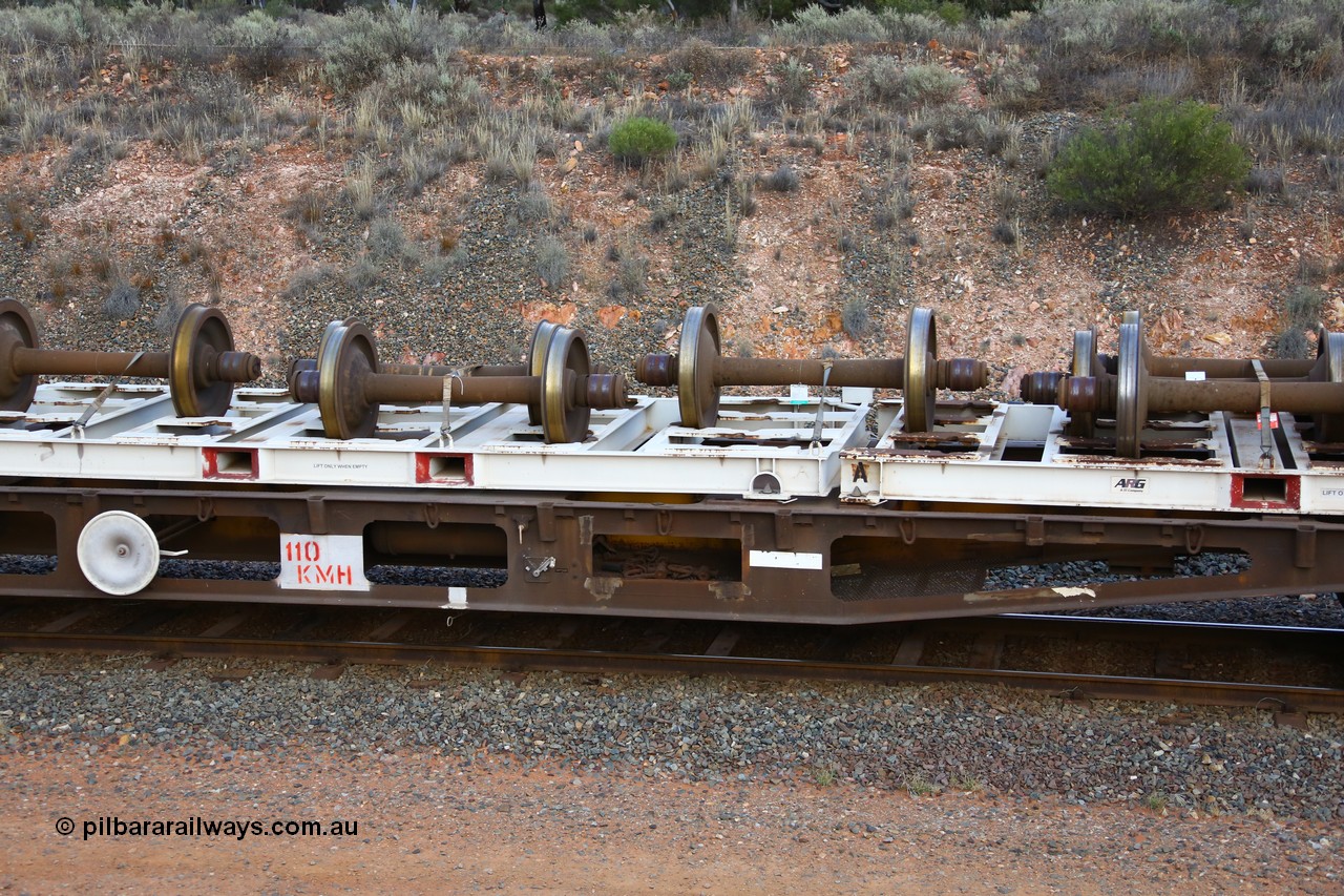 161116 5130
West Kalgoorlie, Shell fuel train 3442, container flat waggon AQWY 30329, built by Tomlinson Steel WA in a batch of 161 WFX type waggons between 1969 and 1970. Fitted with three 20' wheel set carrying frames.
Keywords: AQWY-type;AQWY30329;Tomlinson-Steel-WA;WFX-type;