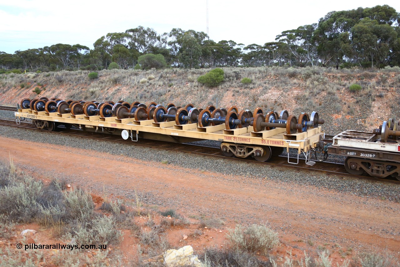 161116 5132
West Kalgoorlie, Shell fuel train 3442, departmental wheel set carrier waggon AZVY 2829, built by Transfield WA 1976 for Commonwealth Railways as one of two hundred GOX type open waggons. Recoded to AOOX, then in 1992 modified to AZVY.
Keywords: AZVY-type;AZVY2892;Transfield-WA;GOX-type;AOOX-type;AZVL-type;