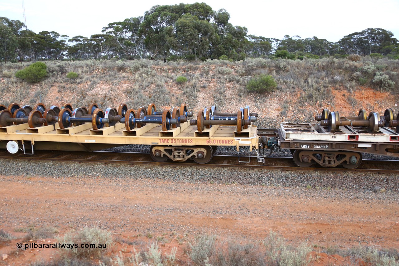 161116 5133
West Kalgoorlie, Shell fuel train 3442, departmental wheel set carrier waggon AZVY 2829, built by Transfield WA 1976 for Commonwealth Railways as one of two hundred GOX type open waggons. Recoded to AOOX, then in 1992 modified to AZVY.
Keywords: AZVY-type;AZVY2892;Transfield-WA;GOX-type;AOOX-type;AZVL-type;