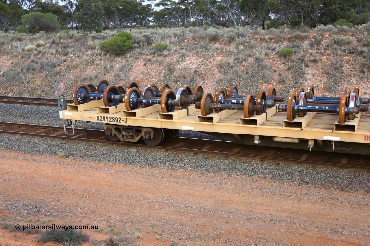 161116 5134
West Kalgoorlie, Shell fuel train 3442, departmental wheel set carrier waggon AZVY 2829, built by Transfield WA 1976 for Commonwealth Railways as one of two hundred GOX type open waggons. Recoded to AOOX, then in 1992 modified to AZVY.
Keywords: AZVY-type;AZVY2892;Transfield-WA;GOX-type;AOOX-type;AZVL-type;