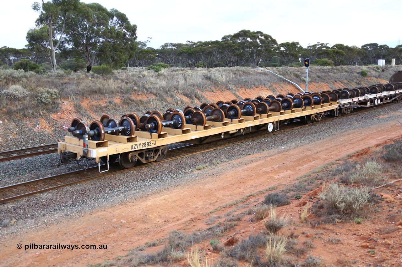 161116 5136
West Kalgoorlie, Shell fuel train 3442, departmental wheel set carrier waggon AZVY 2829, built by Transfield WA 1976 for Commonwealth Railways as one of two hundred GOX type open waggons. Recoded to AOOX, then in 1992 modified to AZVY.
Keywords: AZVY-type;AZVY2892;Transfield-WA;GOX-type;AOOX-type;AZVL-type;