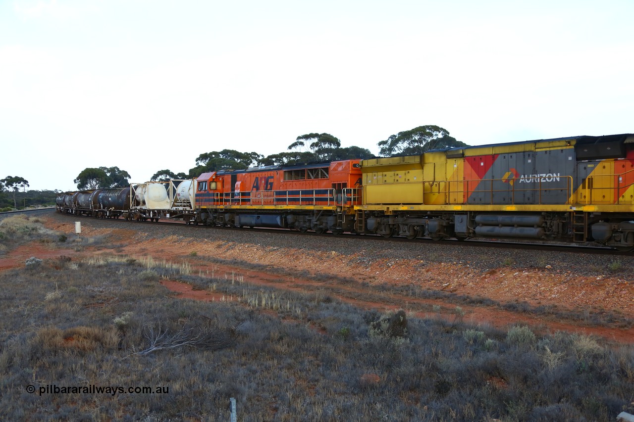 161116 5547
Binduli, empty Shell fuel train 4443 departs West Kalgoorlie with second unit Clyde Engineering built EMD model GT46C Q class unit Q 4009 (originally Q 309) serial 97-1461, behind the loco is the 'new' loco sand waggon with two tanktainer pods, CTC 2201 and CTC 2203 for the Esperance workshops, train details were 17 waggons for 345 metres and 425 tonnes on the overnight run to Esperance.
Keywords: Q-class;Q4009;Clyde-Engineering-Forrestfield-WA;EMD;GT46C;97-1461;Q309;