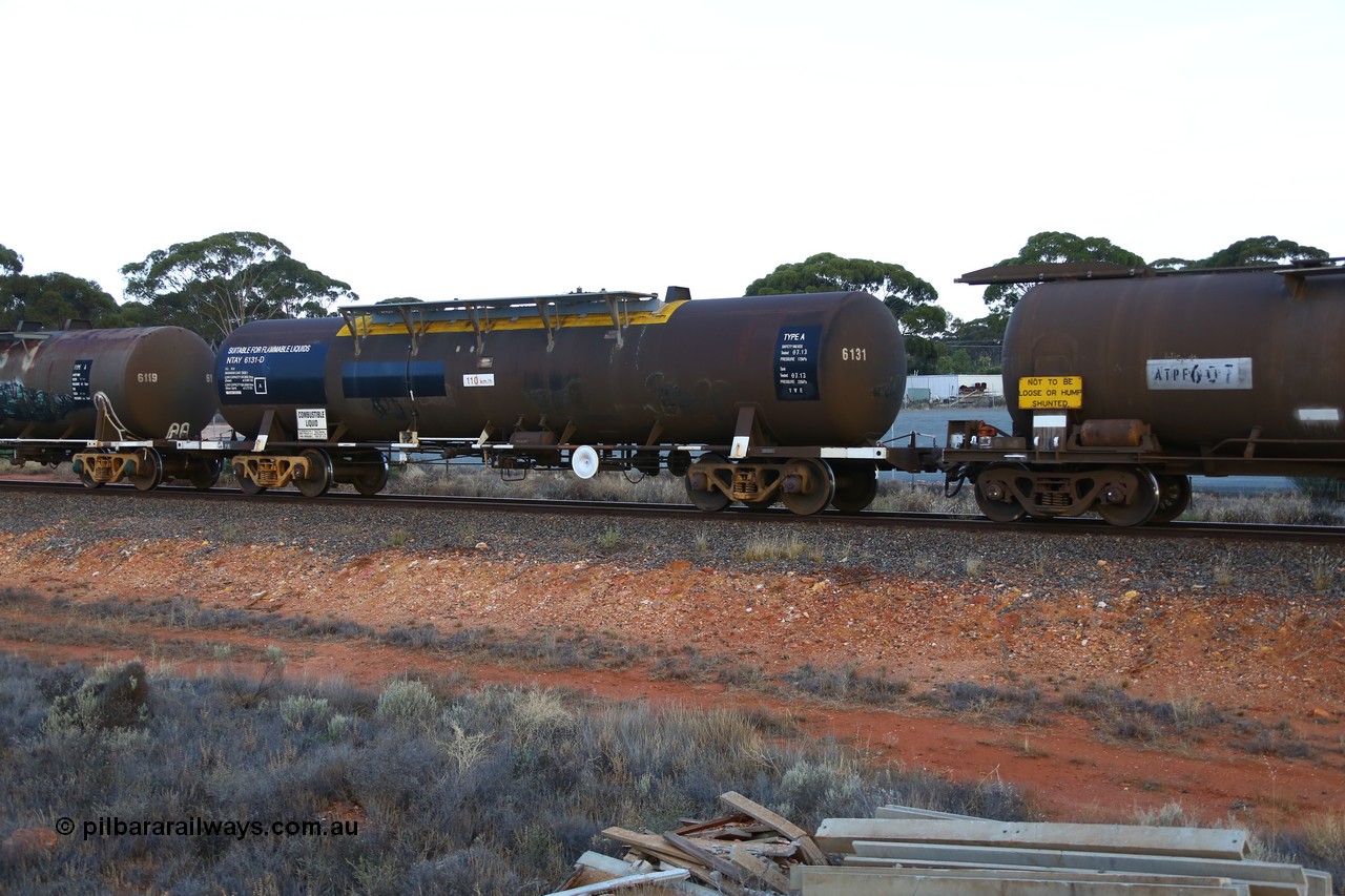 161116 5558
Binduli, empty Shell fuel train 4443, tank waggon NTAY 6131, built by Indeng Qld 1979 for Shell as SCA type SCA 282 fitted with conventional couplers.
Keywords: NTAY-type;NTAY6131;Indeng-Qld;SCA-type;SCA282;NTAF-type;