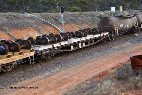 161116 5135
West Kalgoorlie, Shell fuel train 3442, container flat waggon AQWY 30329, built by Tomlinson Steel WA in a batch of 161 WFX type waggons between 1969 and 1970. Fitted with three 20' wheel set carrying frames.
Keywords: AQWY-type;AQWY30329;Tomlinson-Steel-WA;WFX-type;