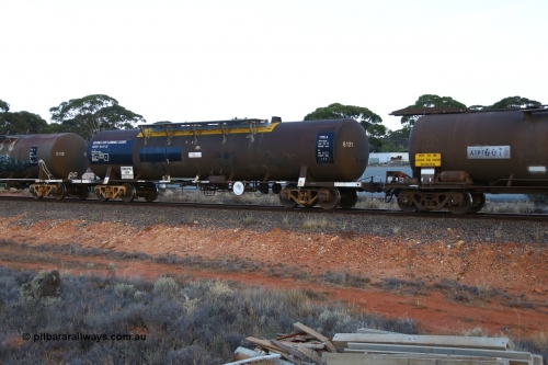 161116 5558
Binduli, empty Shell fuel train 4443, tank waggon NTAY 6131, built by Indeng Qld 1979 for Shell as SCA type SCA 282 fitted with conventional couplers.
Keywords: NTAY-type;NTAY6131;Indeng-Qld;SCA-type;SCA282;NTAF-type;