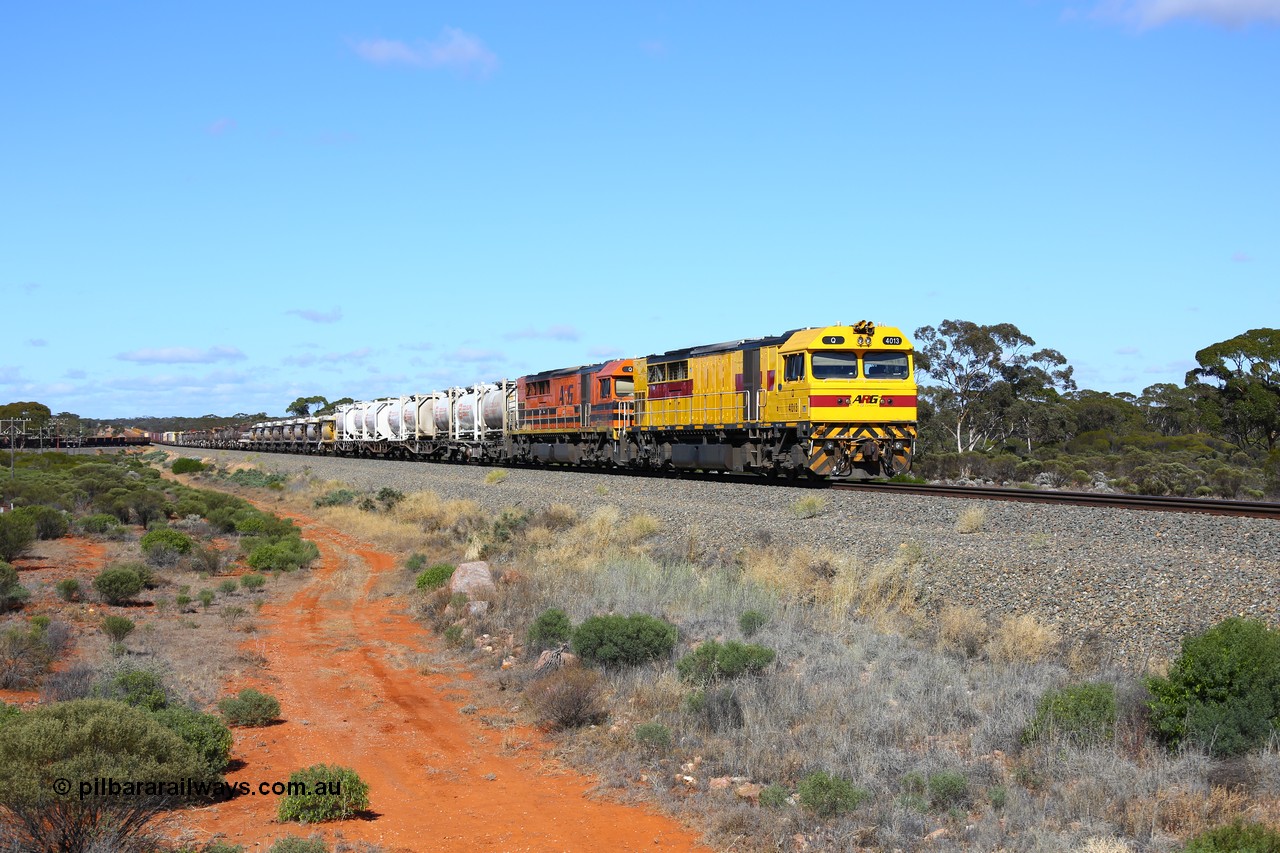 161111 2451
Binduli, Kalgoorlie Freighter train 5025 runs through the dip with Clyde Engineering EMD model GT64C Q class units Q 4013 serial 97-1466 renumbered from Q 313 and Q 4005 serial 97-1458 renumbered from Q 305.
Keywords: Q-class;Q4013;Clyde-Engineering-Forrestfield-WA;EMD;GT46C;97-1466;Q313;