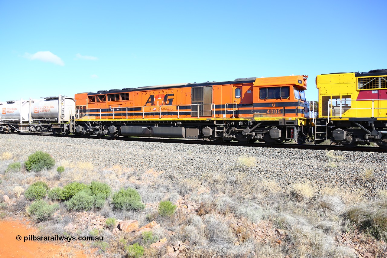 161111 2453
Binduli, Kalgoorlie Freighter train 5025, Clyde Engineering EMD model GT64C Q class unit Q 4005 serial 97-1458 renumbered from Q 305.
Keywords: Q-class;Q4005;Clyde-Engineering-Forrestfield-WA;EMD;GT46C;97-1458;Q313;