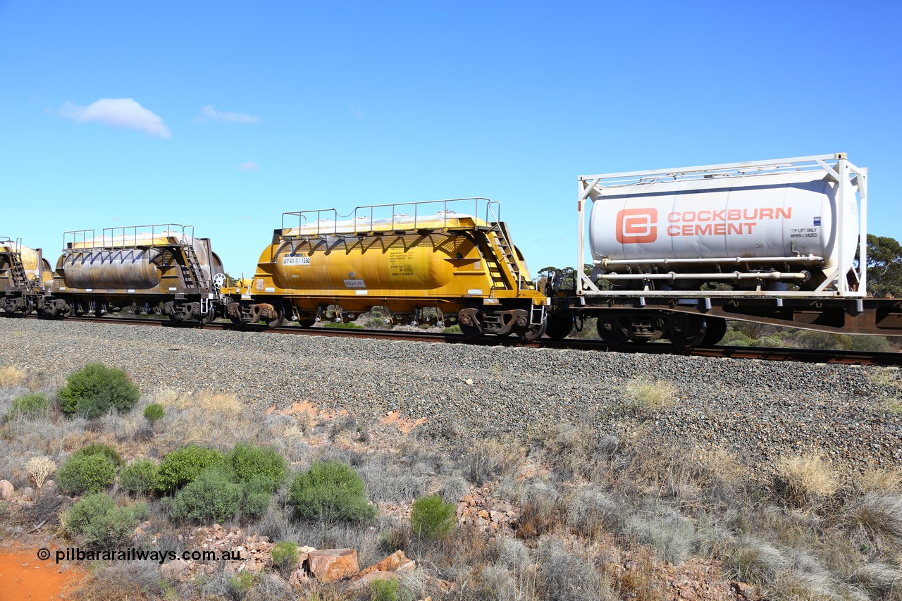 161111 2458
Binduli, Kalgoorlie Freighter train 5025, waggon APNY 31158, one of twelve built by WAGR Midland Workshops in 1974 as WNA type pneumatic discharge nickel concentrate waggon, WAGR built and owned copies of the AE Goodwin built WN waggons for WMC.
Keywords: APNY-type;APNY31158;WAGR-Midland-WS;WNA-type;