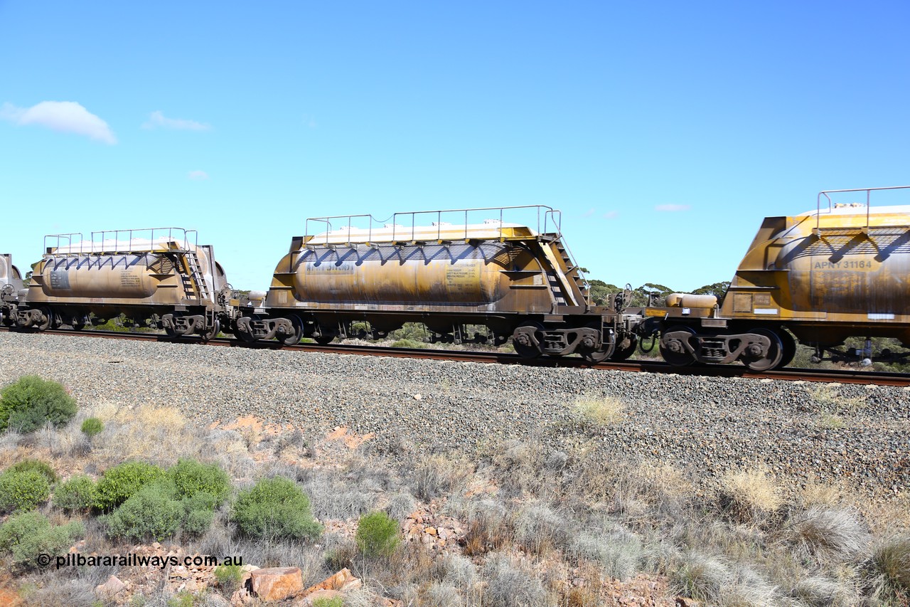 161111 2460
Binduli, Kalgoorlie Freighter train 5025, waggon APNY 31156, one of twelve built by WAGR Midland Workshops in 1974 as WNA type pneumatic discharge nickel concentrate waggon, WAGR built and owned copies of the AE Goodwin built WN waggons for WMC.
Keywords: APNY-type;APNY31156;WAGR-Midland-WS;WNA-type;