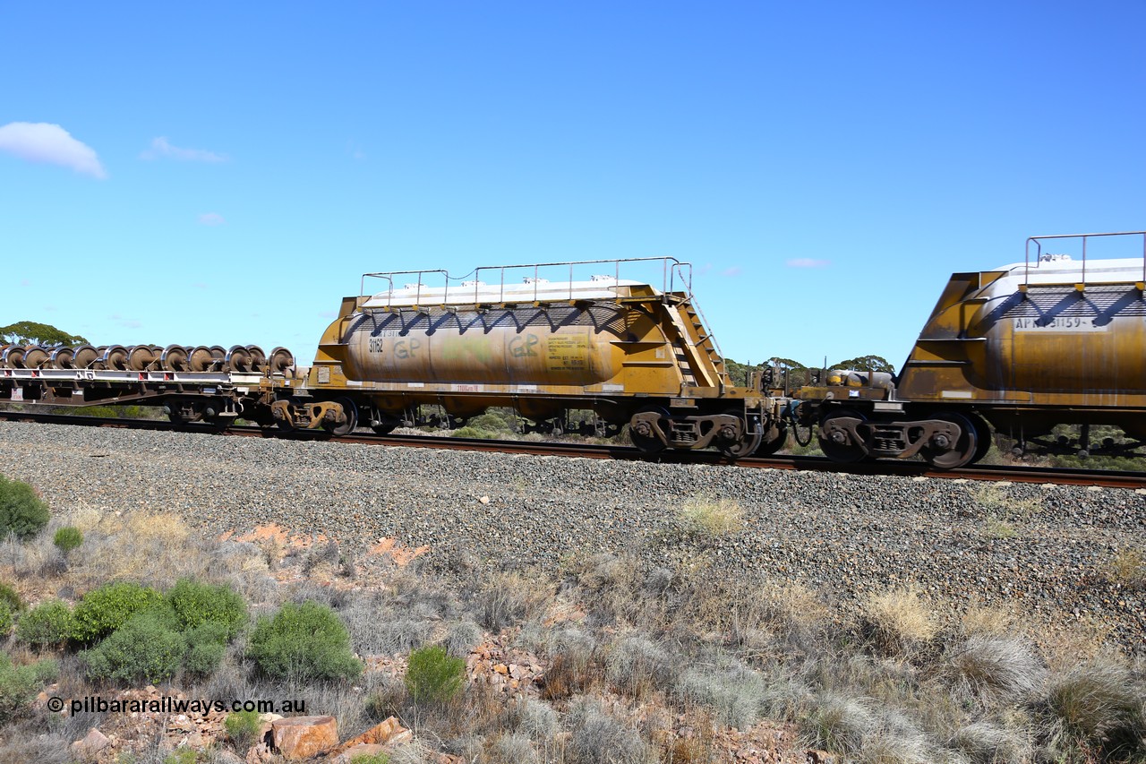 161111 2465
Binduli, Kalgoorlie Freighter train 5025, waggon APNY 31162, one of twelve built by WAGR Midland Workshops in 1974 as WNA type pneumatic discharge nickel concentrate waggon, WAGR built and owned copies of the AE Goodwin built WN waggons for WMC.
Keywords: APNY-type;APNY31162;WAGR-Midland-WS;WNA-type;