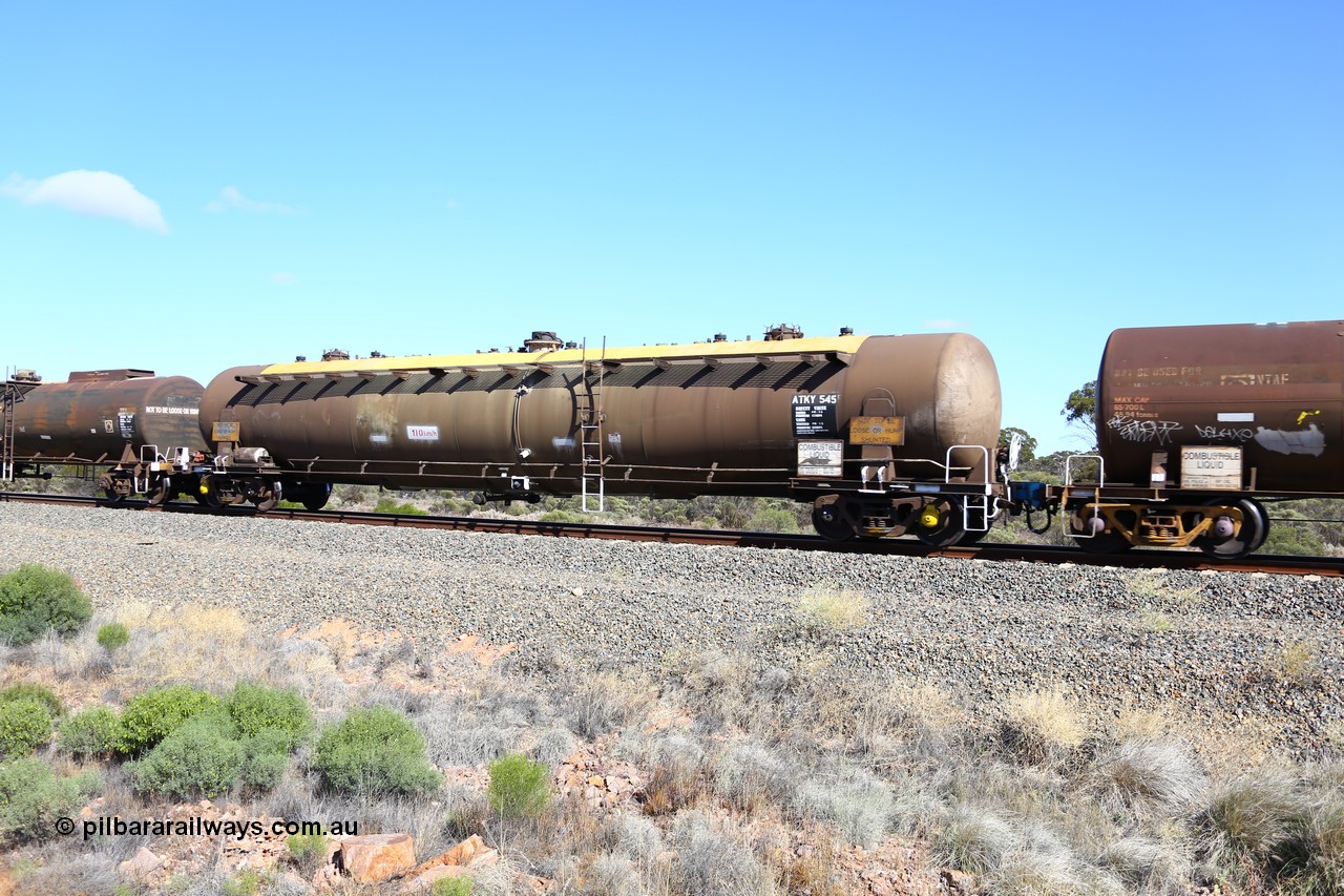 161111 2473
Binduli, Kalgoorlie Freighter train 5025, diesel fuel tank waggon ATKY 545, built by Tulloch Ltd NSW for ESSO Australia 1975 as a WJK type capacity of 105000 litres, sold to BP Oil in 1986, current capacity is probably 80500 litres in line with the rest of the fleet.
Keywords: ATKY-type;ATKY545;Tulloch-Ltd-NSW;WJK-type;WJKY-type;